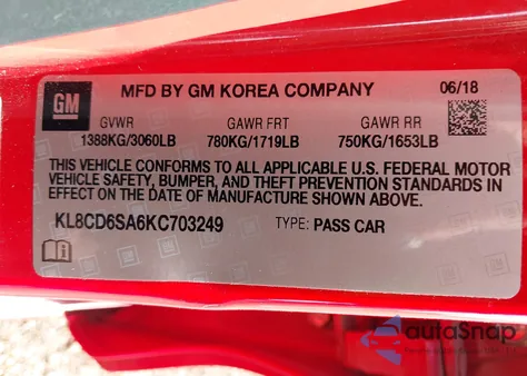 2019 Chevrolet Spark 1Lt Cvt z USA, uszkodzony, nr VIN KL8CD6SA6KC703249